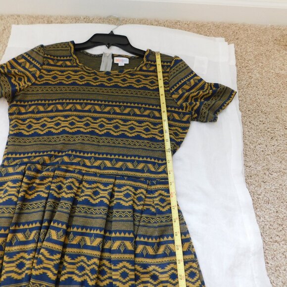 LuLaRoe Large Amelia Chevron Navy/Gold Pleated Dress w/Pockets Zip up back - Picture 10 of 10